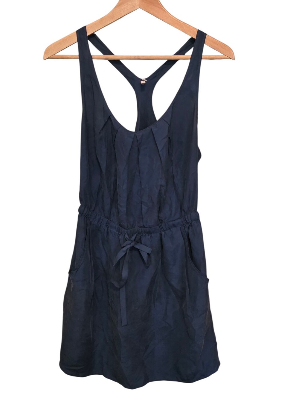 7 For All Mankind 100% Silk Navy Blue Racerbsck Mini Dress Drawstring Waist Sz S